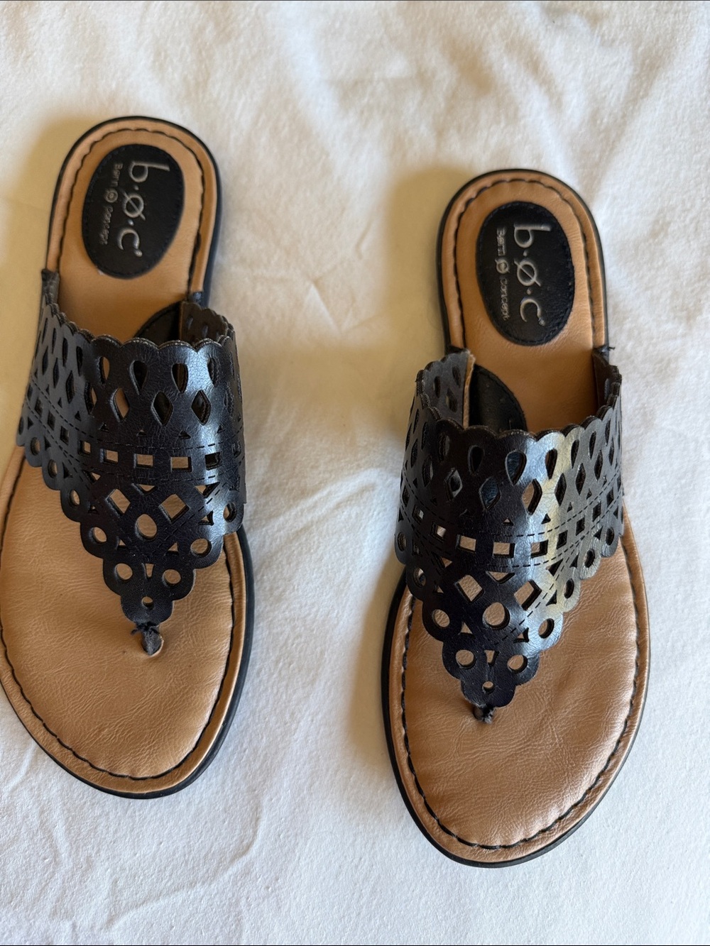 b.o.c. Black Laser-Cut Thong Sandals with Tan Footbed